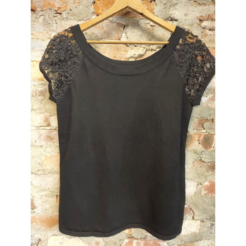 Cable & Gauge Womens Black Shirt Top M Lace Short Sleeve Scoop Neck Knit